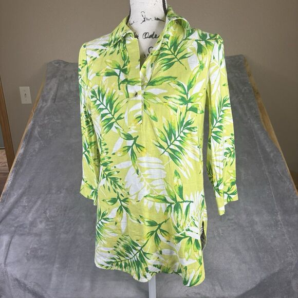 Anne Klein Tops - Anne Klein Linen Shirt Womens X-Small Green Tunic Palm 3/4 Sleeve Button New $89